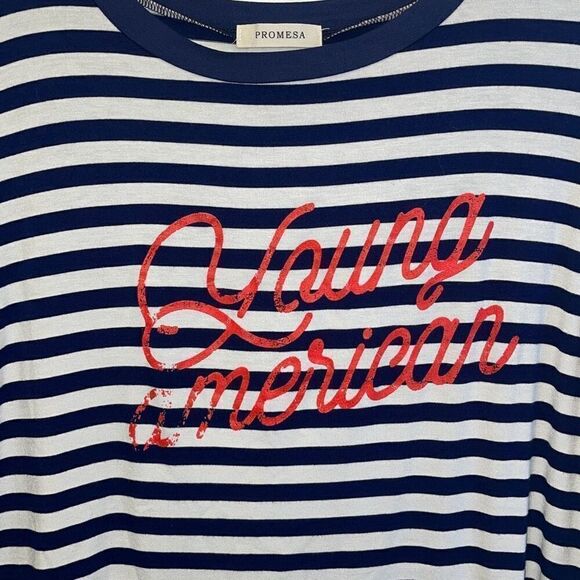 Promesa‎ Womens Young American Graphic Ringer Tee Blue White Large - Picture 2 of 7